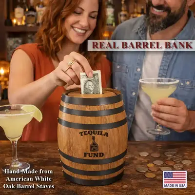 Mini oak barrel piggy bank tequila fund edition handmade from real American white oak barrel staves with margaritas and coins on bar