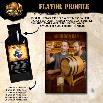 Texas Sweet Corn Whiskey flavor profile showing premium essence pouch and oak barrel aging kit with notes of toasted oak, vanilla, caramel, and smooth Southern finish