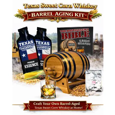 exas Sweet Corn Whiskey barrel aging kit hero image with oak whiskey barrel, corn kernels, premium essence pouches, glass of whiskey, and complete home infusion gift set