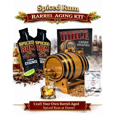 Spiced Rum barrel aging kit featuring oak aging barrel, premium essence packets, rum glass, spices, and complete home aging system.