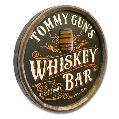Angled view of 3D relief whiskey bar quarter barrel sign showing dimensional wood frame and raised barrel detail.