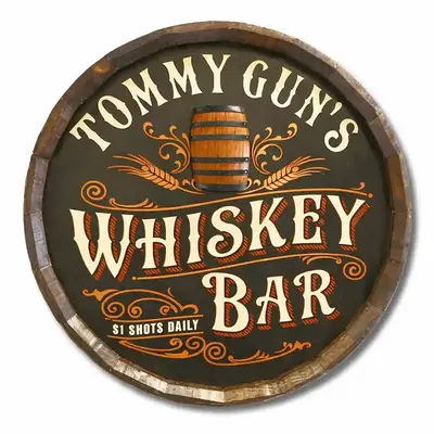 Handmade Tommy Gun’s Whiskey Bar 20–21 inch round quarter barrel sign with 3D relief wooden barrel centerpiece and rustic wood frame.