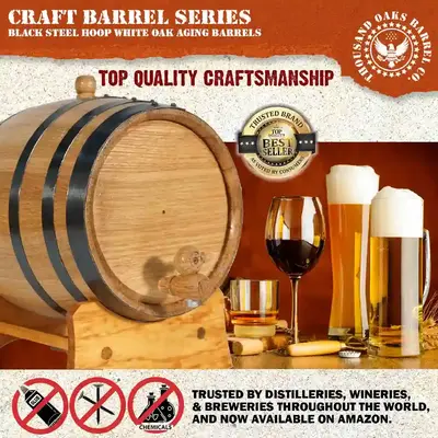 Top quality American white oak aging barrel with black steel hoops displayed alongside whiskey and wine glasses showcasing premium craftsmanship for home spirit aging.