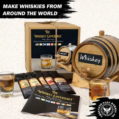Complete DIY whiskey making kit with oak aging barrel, premium gift box, whiskey guide book, and tasting glass.