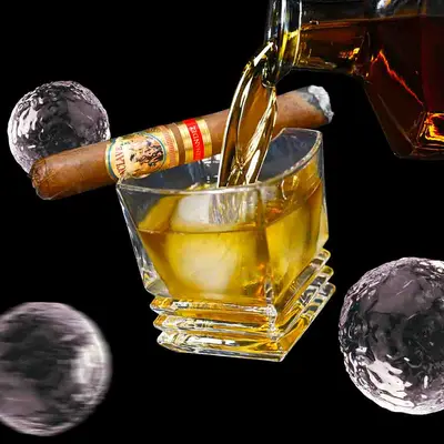Bourbon being poured into whiskey glass with cigar rest and ice sphere on black background.