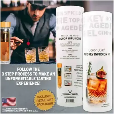 How to use whiskey infusion kit step by step process showing bartender pouring bourbon into glass infuser.