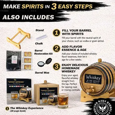 Whiskey making kit contents including charred oak barrel, stand, bung, spigot, barrel wax, chalk, and 28-page whiskey guide.