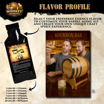 DIY whiskey making kit showing whiskey essence packet options and barrel aging setup for crafting whiskey at home.