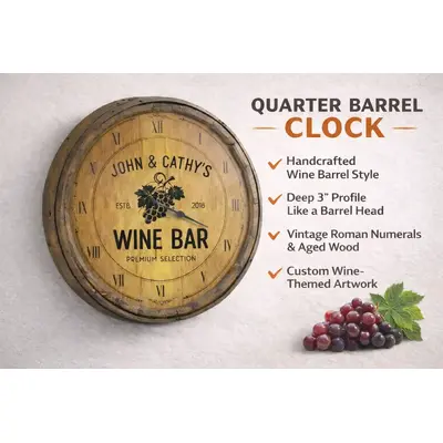 Custom Wine Barrel Style Quarter Barrel Clock Sign – Personalized Wine Bar Decor with Roman Numerals