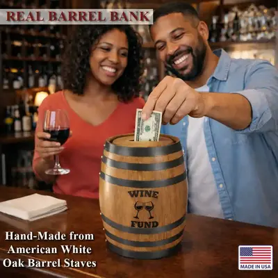Couple saving money in handmade Wine Fund mini oak barrel piggy bank made from real American white oak barrel staves