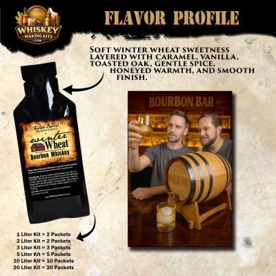 Winter Wheat Bourbon flavor profile showing soft wheat sweetness, caramel, vanilla, toasted oak and honeyed smooth finish from oak barrel aging kit.
