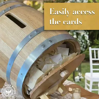 Rustic oak wedding card barrel open in the back showing storage for collected greeting cards and envelopes.