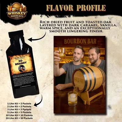 XO brandy flavor profile highlighting rich dried fruit, toasted oak, dark caramel, vanilla, warm spice, and smooth lingering finish.