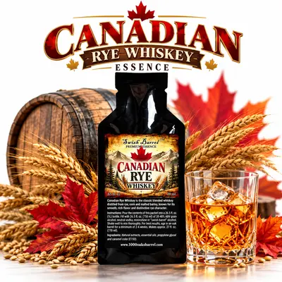 Canadian Rye Whiskey Essence pouch by Swish Barrel with red maple leaves, rye grain and an oak barrel, alongside a crystal glass of amber whiskey over ice.