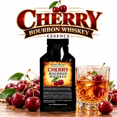 Cherry Bourbon Whiskey Essence pouch by Swish Barrel with fresh red cherries and a crystal glass of amber bourbon whiskey over ice on a clean white background.