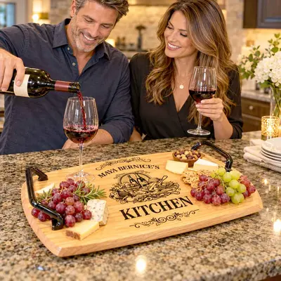 Couple enjoying red wine at home with a personalized oak barrel head serving tray featuring engraved kitchen design, wrought iron handles, cheese, and grapes.