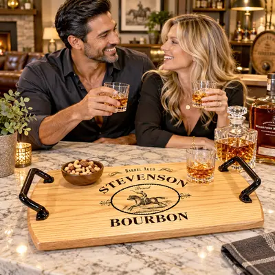 Couple enjoying bourbon whiskey at a home bar with a personalized oak barrel head serving tray featuring custom engraving and wrought iron handles.