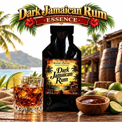 Dark Jamaican Rum Essence pouch by Swish Barrel with tropical palms, sugarcane and oak barrels, alongside a crystal glass of dark amber rum over ice with lime.
