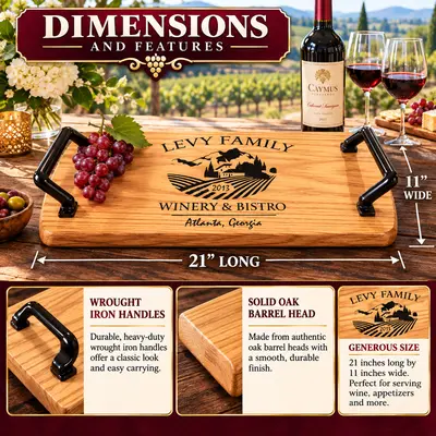 Personalized oak winery and bistro serving tray with custom family name and vineyard engraving, displayed with red wine glasses, wine bottle, and grapes on a sunlit patio overlooking scenic vineyards.