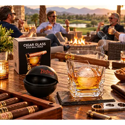 Foghat Cigar Glass and Ice Ball Mold Set featuring a crystal whiskey glass with built-in cigar holder, large round ice sphere, and branded silicone ice mold. Displayed on a luxury outdoor patio at sunset with cigar accessories, while friends enjoy whiskey and cigars around a fire pit overlooking a scenic golf course.