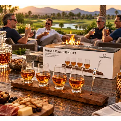 Thousand Oaks Barrel Co. Whiskey Stave Flight Set featuring four Glencairn whiskey tasting glasses filled with bourbon, a solid American oak stave display, and glass pourer. Displayed on an outdoor patio at sunset with gift packaging, while friends enjoy whiskey around a fire pit overlooking a scenic golf course.