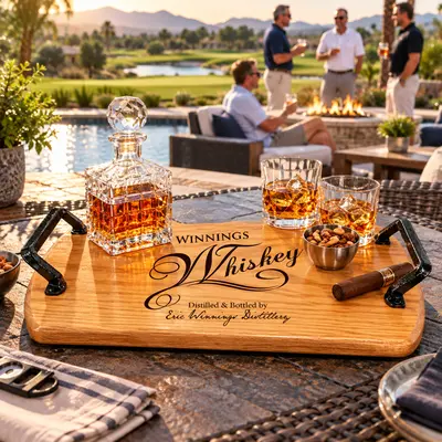 Personalized solid oak whiskey serving tray featuring custom name and distillery engraving, elegant Whiskey script design, black wrought iron handles, and two personalization options displayed in a luxury poolside setting.