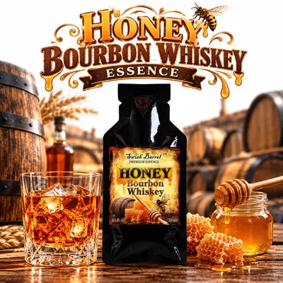 Honey Bourbon Whiskey Essence pouch by Swish Barrel with golden honeycomb and honey dipper, alongside a crystal glass of amber bourbon over ice and oak whiskey barrels.
