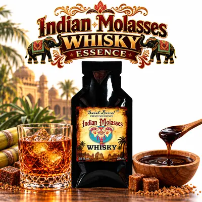 Indian Molasses Whisky Essence pouch by Swish Barrel with sugarcane, jaggery and rich molasses, alongside a crystal glass of amber whisky over ice with Indian-inspired decorative accents.