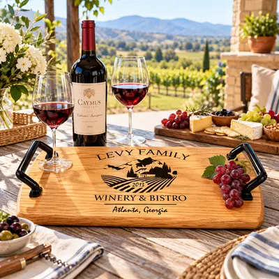 Personalized solid oak winery serving tray featuring four custom engraving options: family name, establishment year, winery or business name, and city/state, with vineyard artwork and black wrought iron handles.