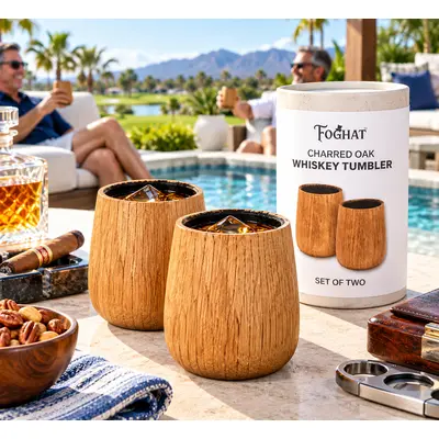 Foghat Charred Oak Whiskey Tumbler Set of Two featuring natural oak wood whiskey glasses with charred interiors, displayed alongside branded gift packaging, a whiskey decanter, and cigar accessories on a luxury outdoor patio at sunset overlooking a scenic golf course and fire pit.