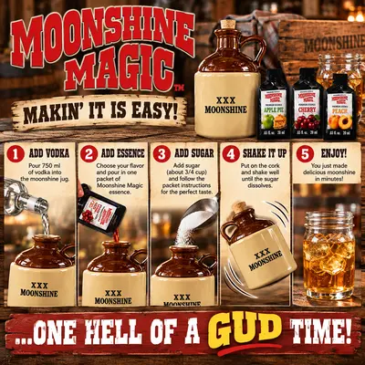 Moonshine Magic DIY moonshine making kit illustrated instructions showing how to make flavored moonshine in five easy steps using vodka, premium essence, and sugar. Features a ceramic moonshine jug, Apple Pie, Cherry, and Peach flavor packets, and a finished cocktail.