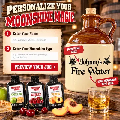 Moonshine Magic personalized moonshine jug customization guide showing two custom text fields for name and moonshine type, with Johnny's Fire Water as an example. Includes ceramic jug, Apple Pie, Cherry, and Peach essence packets, and a whiskey glass.