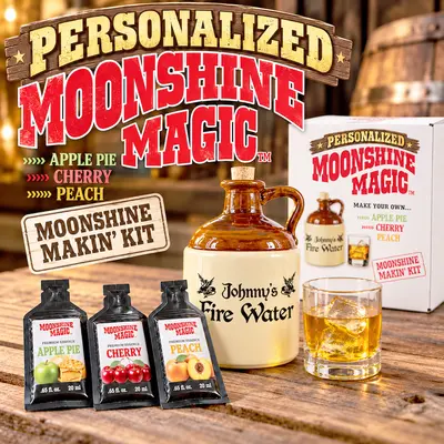 Personalized Moonshine Magic DIY moonshine making kit featuring a custom ceramic jug engraved with Johnny's Fire Water, Apple Pie, Cherry, and Peach flavor essence packets, branded gift box, and whiskey glass in a rustic home bar setting.