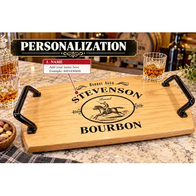 Personalized oak barrel head bourbon serving tray showing custom name engraving, Stevenson bourbon design, horse illustration, and black wrought iron handles.