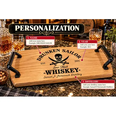 Drunken Sailor personalized oak whiskey serving tray showing three custom engraving options: name, establishment year and distillery name, with pirate skull and crossed swords design.