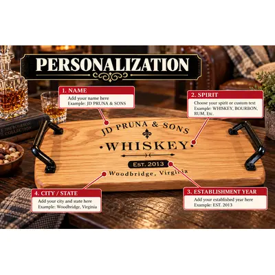 Custom engraved oak whiskey serving tray showing four personalization options: family or bar name, whiskey or bourbon spirit type, establishment year, and city and state, with black iron handles.