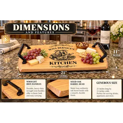 Personalized solid oak barrel head kitchen serving tray measuring 21 x 11 inches, featuring black wrought iron handles, custom engraving, and rustic charcuterie display.