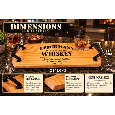21 x 11 inch personalized oak barrel head whiskey serving tray with wrought iron handles, custom engraving, solid oak construction, and dimensions.