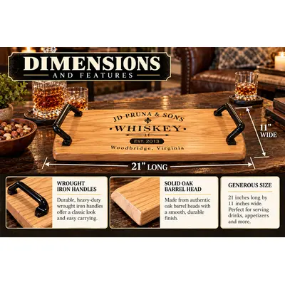Personalized oak barrel head whiskey serving tray measuring 21 inches long by 11 inches wide, featuring heavy-duty black wrought iron handles, custom engraving, and durable solid oak construction.