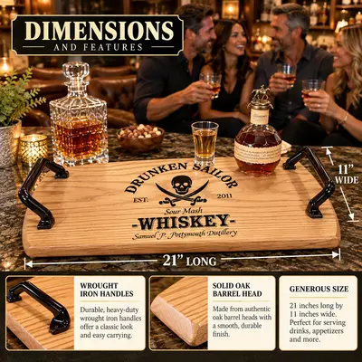 Drunken Sailor personalized whiskey serving tray made from solid oak barrel heads, measuring 21 inches long by 11 inches wide, featuring heavy-duty black wrought iron handles and custom pirate engraving.