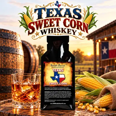 Texas Sweet Corn Whiskey Essence packet with a glass of amber whiskey, fresh sweet corn, oak barrels and a rustic Texas distillery scene at sunset.