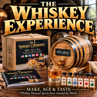 Thousand Oaks Barrel Whiskey Experience premium whiskey-making kit featuring a new American oak aging barrel, whiskey essence bottles, branded gift box, and guidebook for making and aging whiskey-flavored spirits at home.