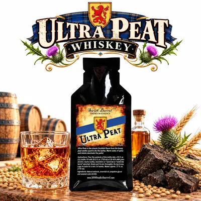 Ultra Peat Scotch-style whiskey essence packet displayed with a glass of amber whiskey, barley, peat, and oak barrels on a clean white background.