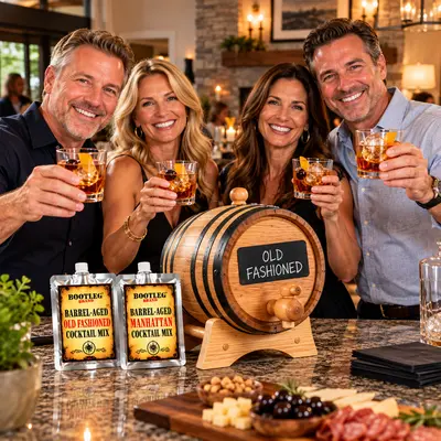 Friends enjoying Old Fashioned cocktails at a home party with the Bootleg Brand™ Barrel-Aged Cocktail Kit, oak aging barrel, Old Fashioned and Manhattan cocktail mixes.