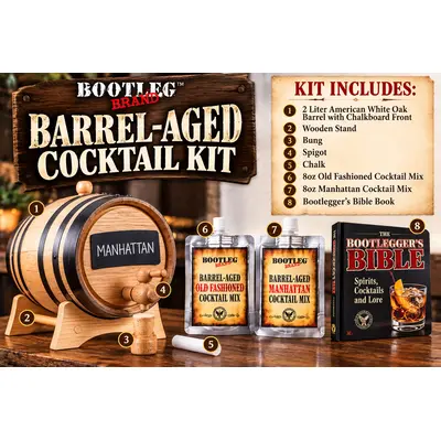 Bootleg Brand™ Barrel-Aged Cocktail Kit with 2-liter American white oak barrel, stand, bung, spigot, chalk, Old Fashioned and Manhattan cocktail mixes, and Bootlegger’s Bible.