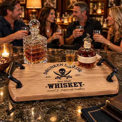 Personalized Drunken Sailor solid oak whiskey serving tray with black wrought iron handles, crystal decanter and bourbon bottle, displayed in an upscale home bar with friends enjoying whiskey.