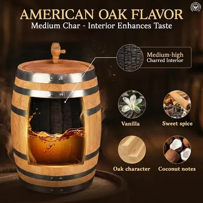 American oak barrel with medium-high char that adds vanilla, sweet spice, oak, and coconut notes.