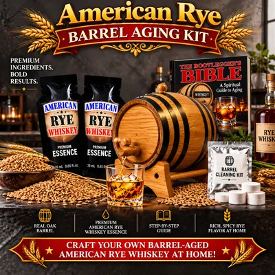 American Rye Whiskey barrel aging kit with American white oak barrel, rye essence and accessories for crafting rye whiskey at home.