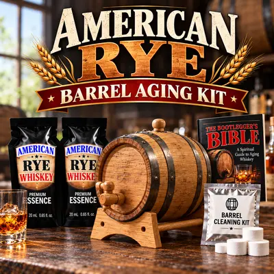 American Rye Whiskey barrel aging kit with American white oak barrel, rye essence and accessories for crafting rye whiskey at home.