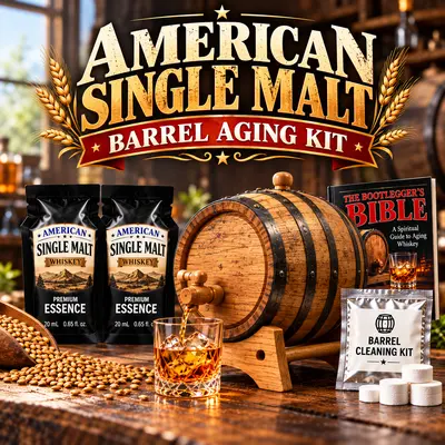American Single Malt Whiskey barrel aging kit with oak barrel pouring whiskey into glass, essence, and gift set presentation.
